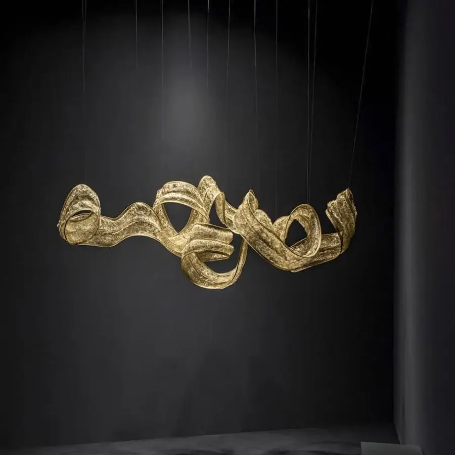 Superior Terzani Genesis suspended sculpture woven from knitted steel with a rich golden textured matte finish