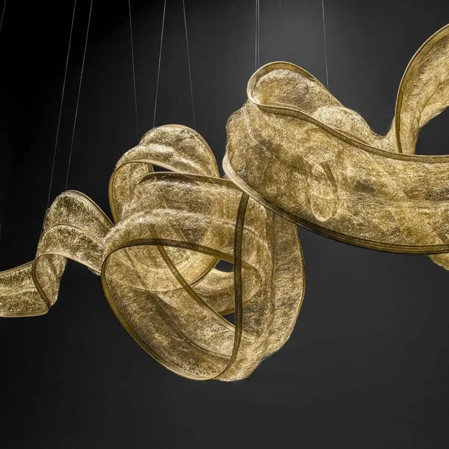 Distinguished Terzani Genesis suspended sculpture crafted in knitted steel with a warm golden-yellow hue radiating contemporary elegance