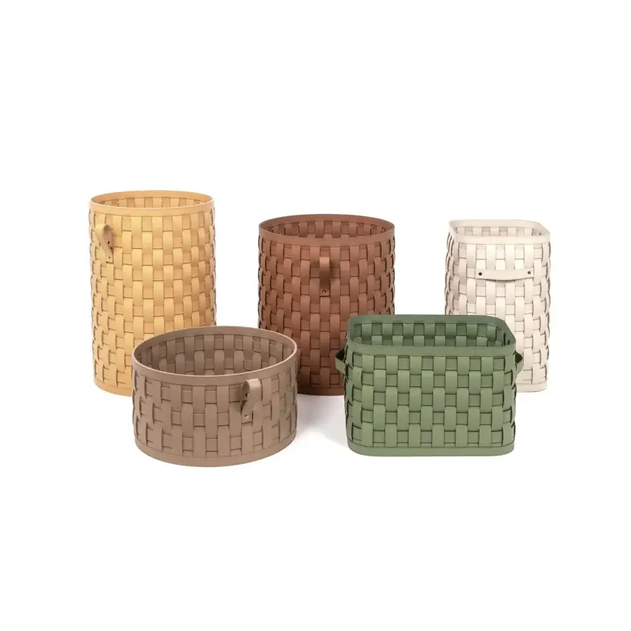 Superior Pinetti Demetra baskets hand-woven from upcycled leather in muted olive green with a matte finish