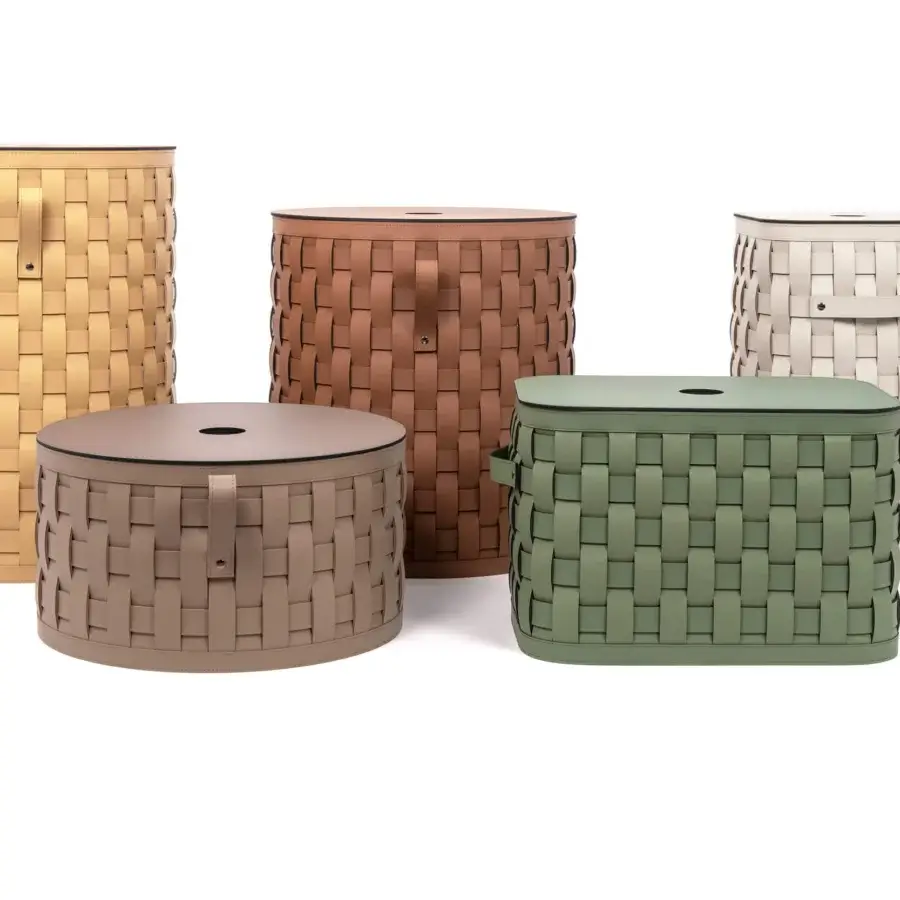 Distinguished Pinetti Demetra baskets hand-woven from upcycled leather with geometric patterns and integrated handles