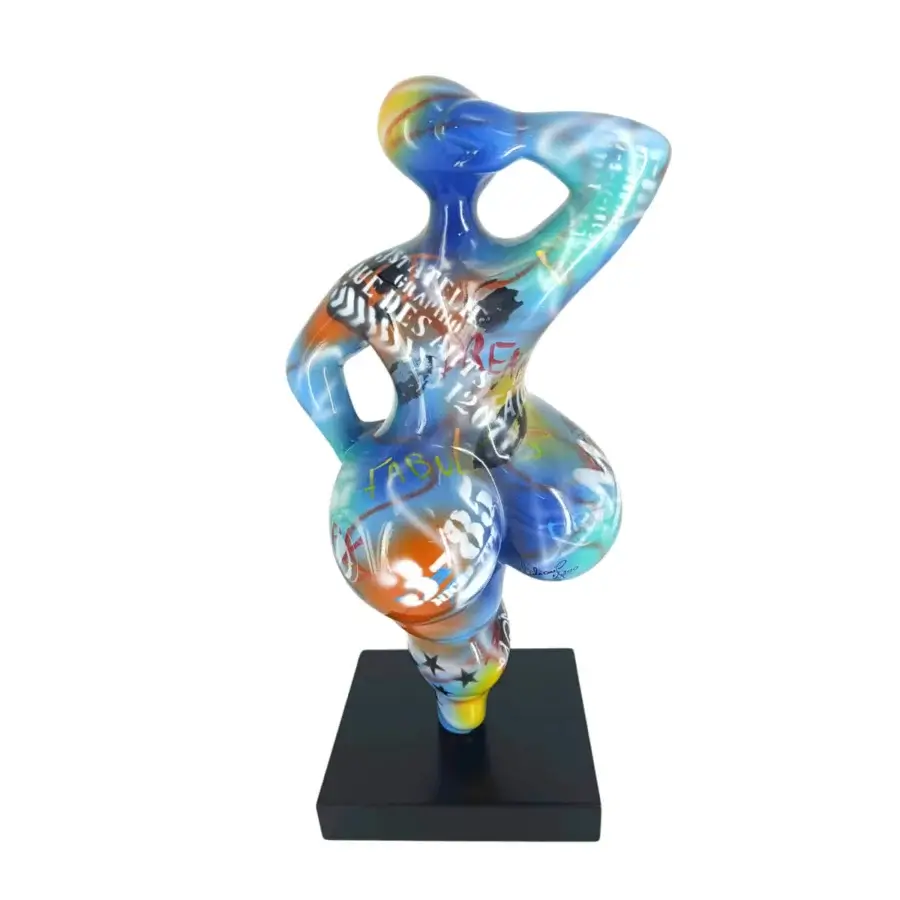 Distinguished Juliarte Baila sculpture handcrafted from stone powder and fiberglass in vibrant blue, yellow, and orange with glossy finish