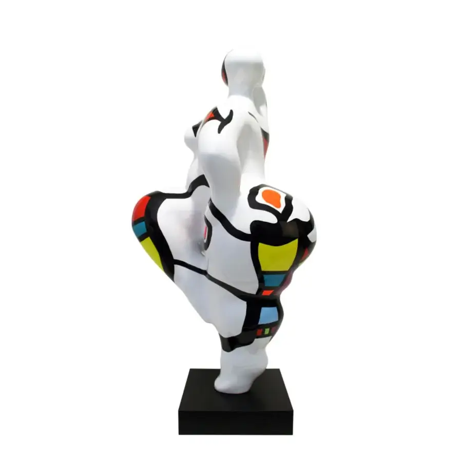 Distinguished Juliarte Baila sculpture crafted from stone powder and fiberglass with vibrant geometric shapes and glossy finish