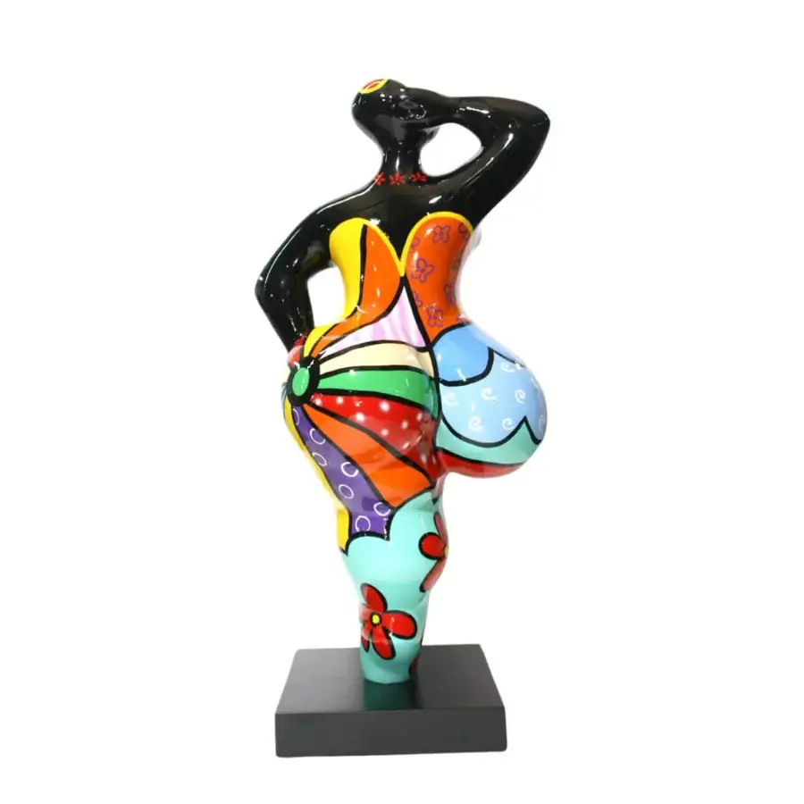 Remarkable Juliarte Baila sculpture crafted from stone powder and fiberglass with glossy dark upper body and vibrant patterned lower portion