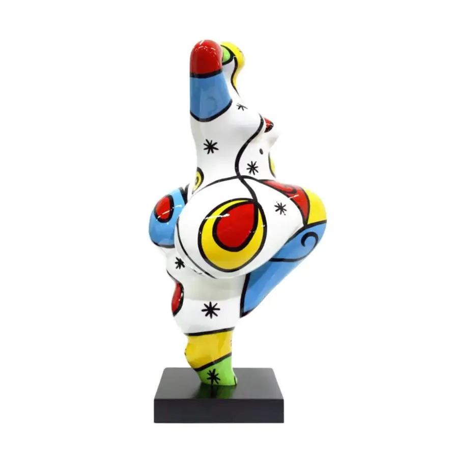 Distinguished Juliarte Baila sculpture crafted from stone powder and fiberglass with red, yellow, and blue patterns in a glossy finish