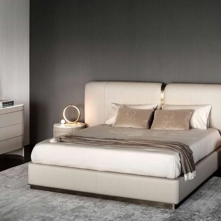 Superior Rugiano Vogue dresser with light neutral leather and elegant marble exhibiting a floating design