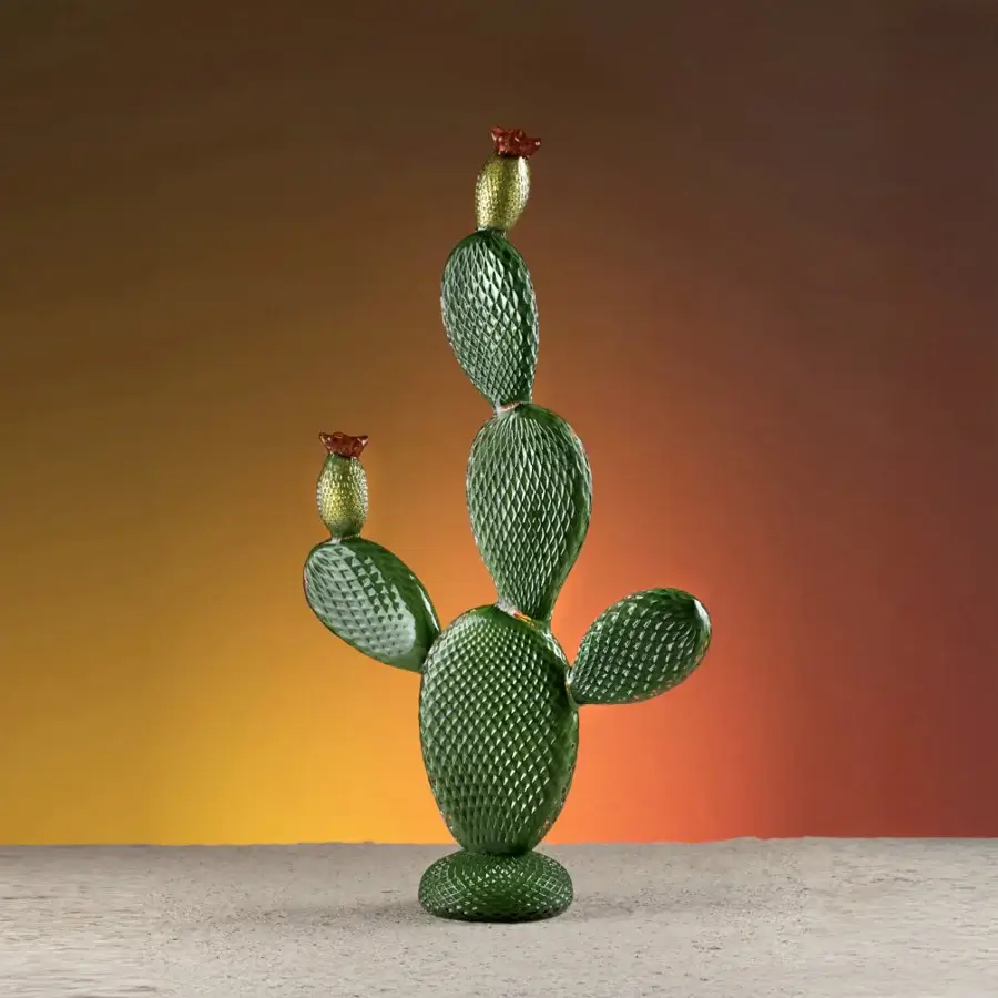 Exceptional Duccio di Segna Cactus Ficus sculpture with golden-yellow flowers in deep green Colle Val d'Elsa crystal and glossy finish