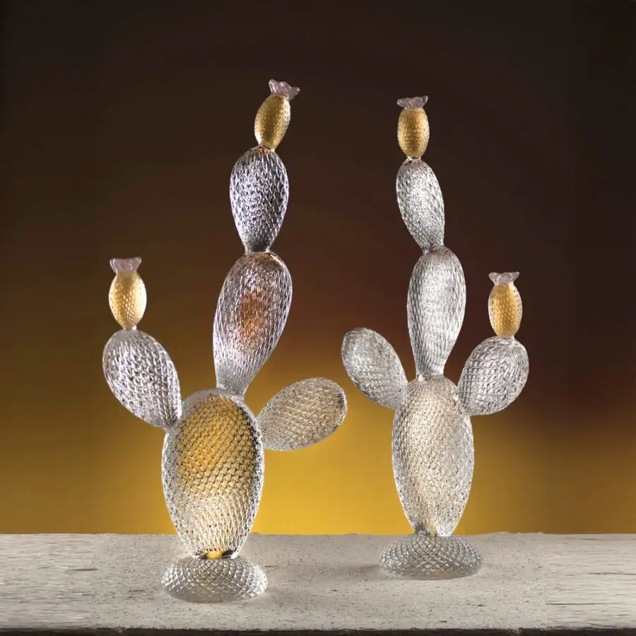 Distinguished Duccio di Segna Cactus Ficus sculpture crafted from Colle Val d'Elsa crystal with silver and gold gradients and textured surface