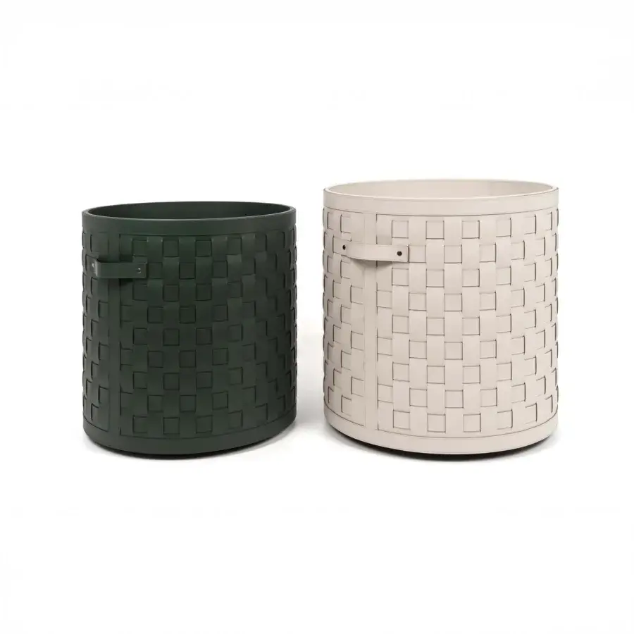 Exceptional Pinetti Demetra baskets with wheels exhibit hand-woven eco-friendly leather construction in deep forest green