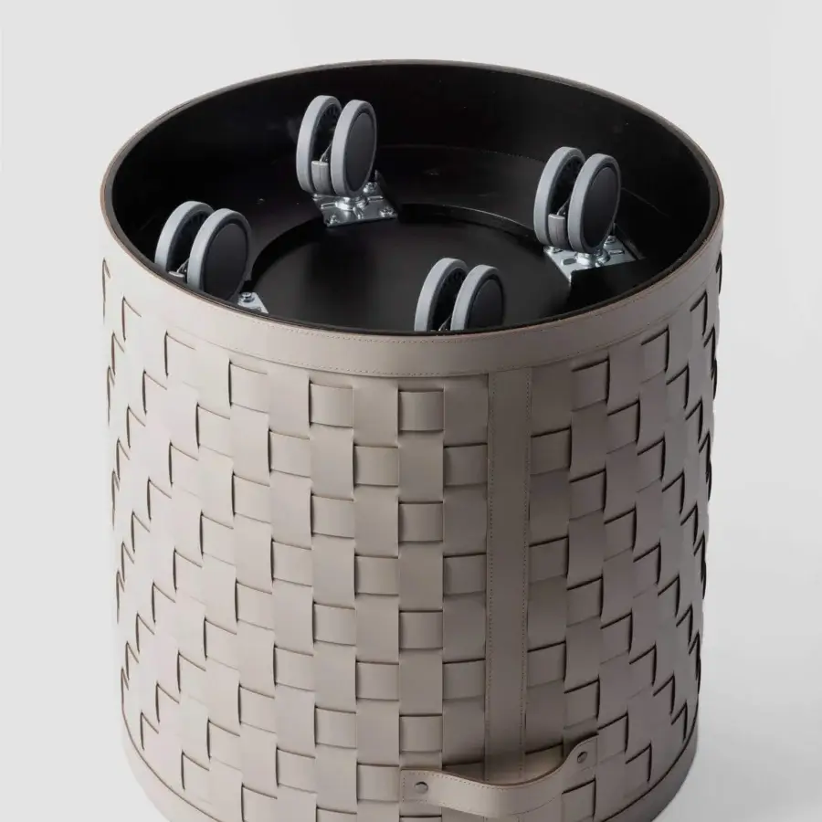 Superior Pinetti Demetra baskets with wheels display hand-woven light beige eco-friendly leather and dark gray lids built with solid wood frames