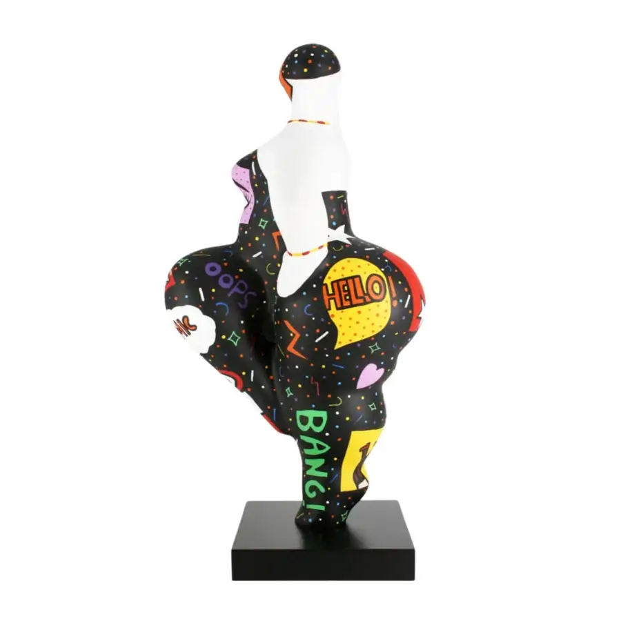 Exclusive Juliarte Baila sculpture crafted in stone powder and fiberglass with a glossy, comic-inspired graphic pattern