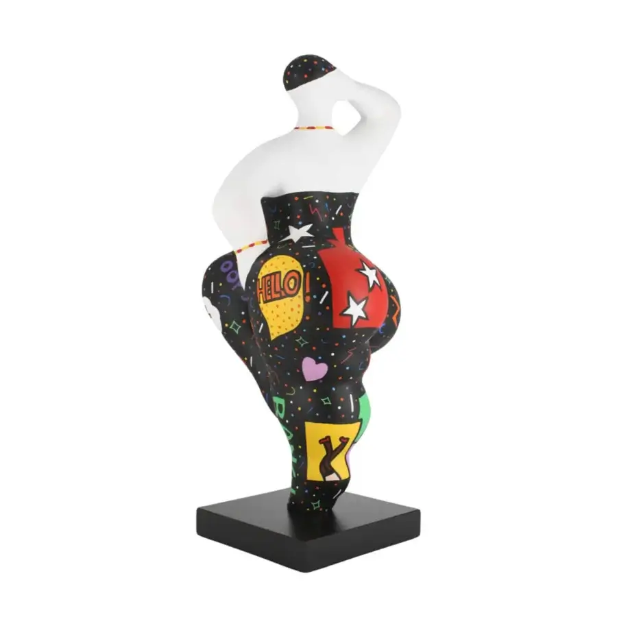 Distinguished Juliarte Baila sculpture crafted in stone powder and fiberglass with a glossy, multi-colored comic-inspired design