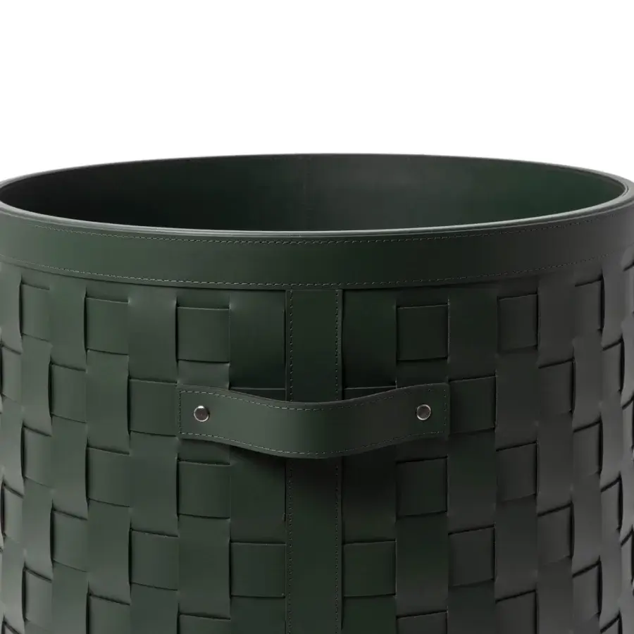 Distinguished Pinetti Demetra baskets with wheels are hand-woven in dark green washable leather for durable indoor or outdoor organization