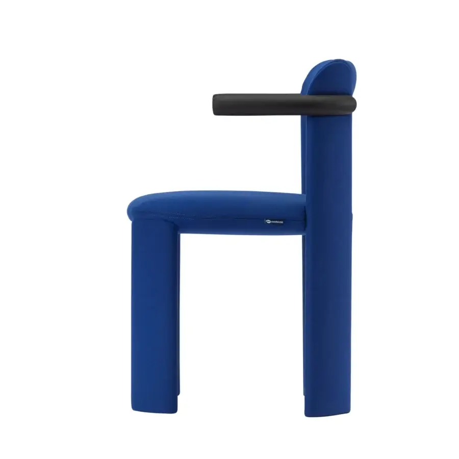 Exceptional Miniforms Amia chair fully upholstered in vibrant blue fabric with rounded joints and a subtly squared backrest crafted in Italy