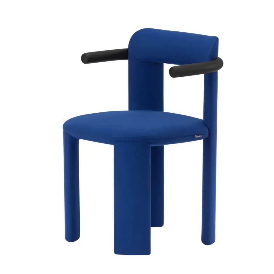 Distinctive Miniforms Amia chair upholstered in saturated blue fabric with clean lines and a squared backrest crafted from mirroring legs
