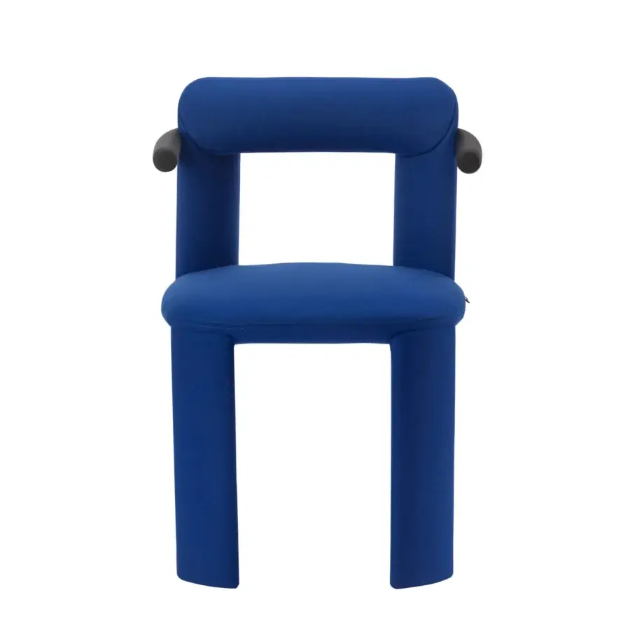 Elegant Miniforms Amia chair upholstered in saturated blue fabric with satin-finish wooden arm supports and crossed legs