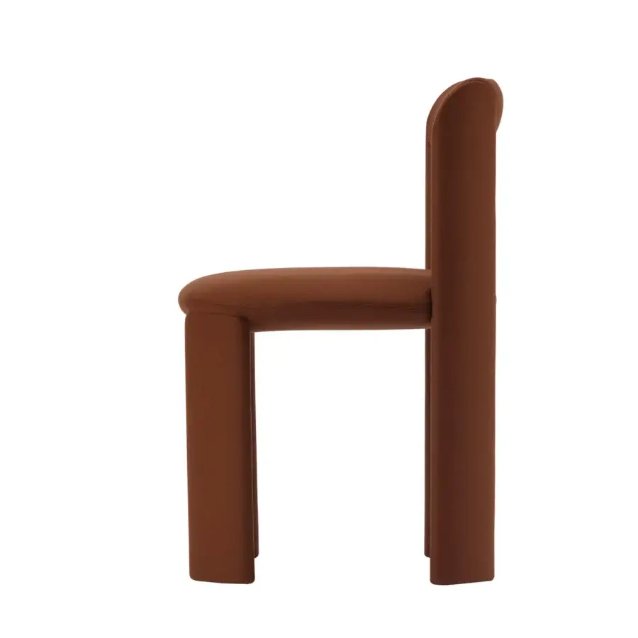 Exceptional Miniforms Amia chair with smooth matte fabric, earthy brown tone and integrated legs forming a squared backrest