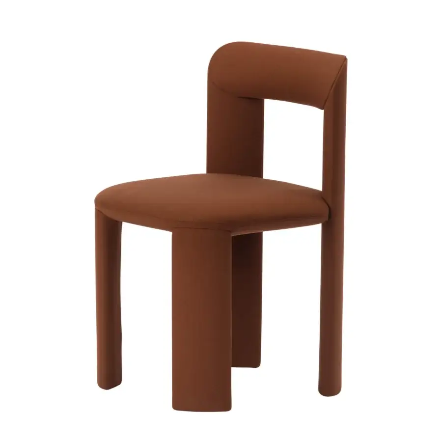Elegant Miniforms Amia chair upholstered in warm earthy brown fabric with a matte finish and crossed legs