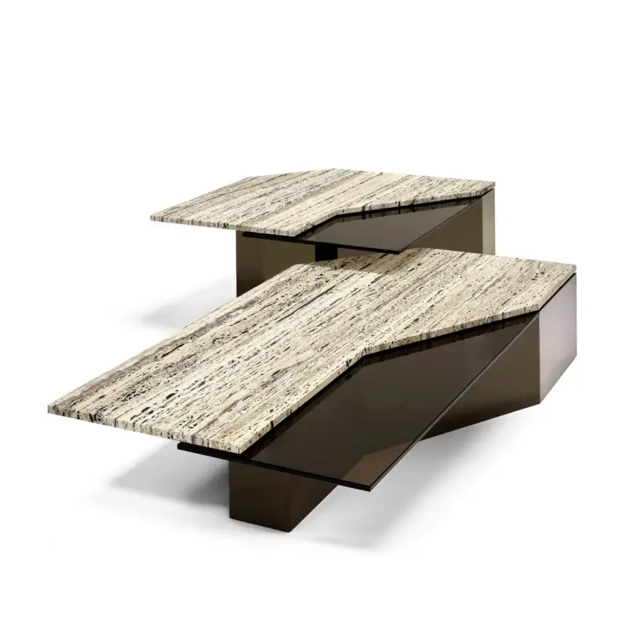 Captivating Arketipo Roswell coffee table with a matte travertine stone top and glossy bronze metal base integrating a diagonal glass plane