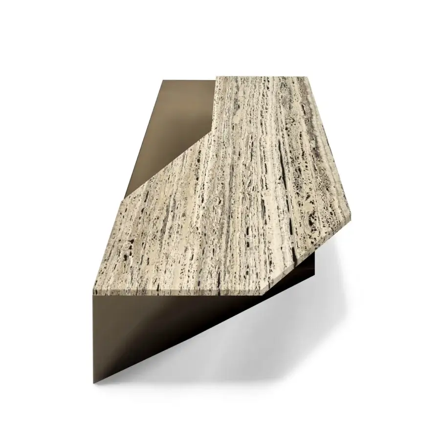 Elegant Arketipo Roswell coffee table with a travertine stone surface and satin bronze metal base