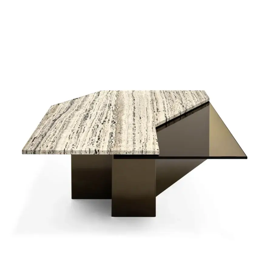 Distinguished Arketipo Roswell coffee table with a glossy black metal base and delicate travertine stone tabletop