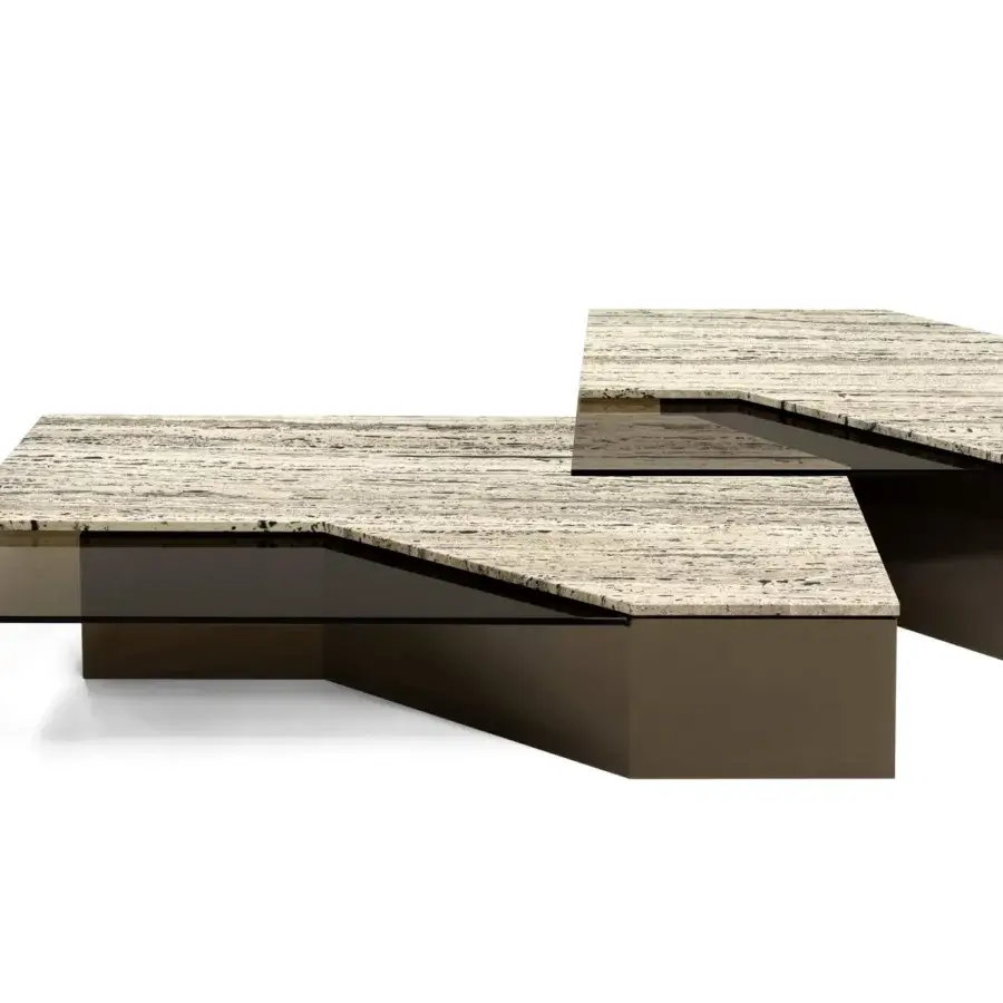 Captivating Arketipo Roswell coffee table with warm beige marble, black glass inlay, and glossy bronze metal base