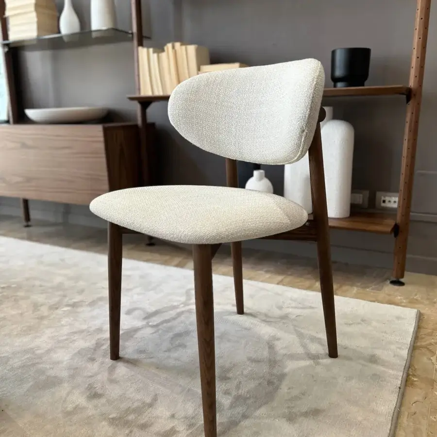 Refined Pacini & Cappellini Camilla chair with solid ash wood and off-white textile upholstery in a medium-brown satin finish