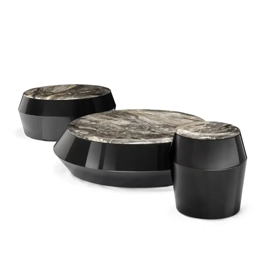 Elegant Arketipo Ufo coffee table with gray and beige veined stone and glossy fluidly-shaped base