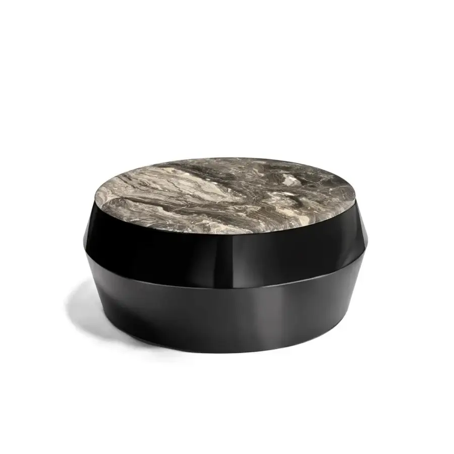 Superior Arketipo Ufo coffee table with a spacious circular polished marble surface and sleek dark metalwork