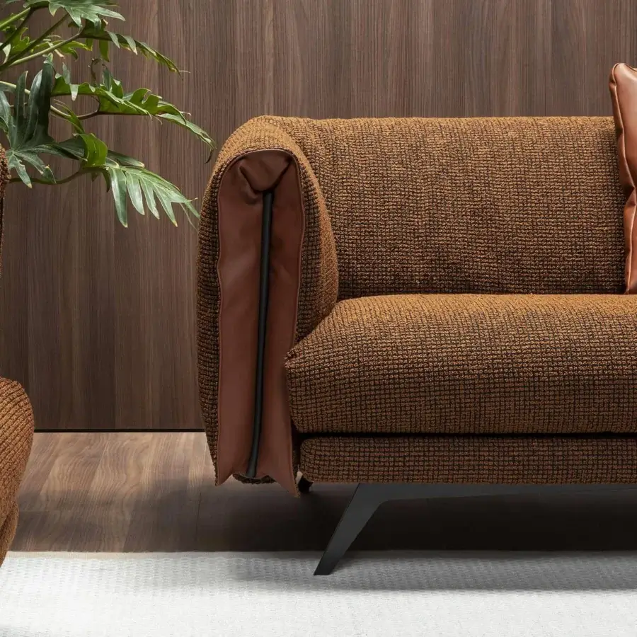 Exceptional Bonaldo Saddle sectional with woven brown textile upholstery and a brown leather-like insert with dark trim and dark metal feet
