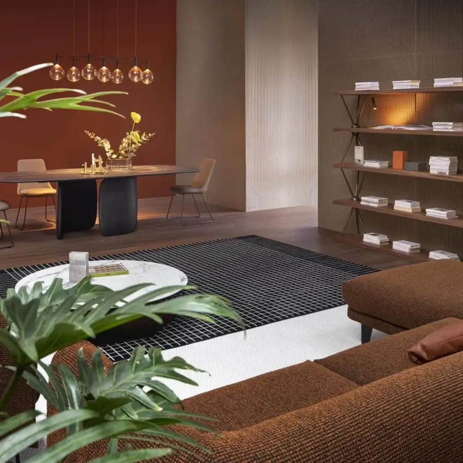 Distinguished Bonaldo Saddle sectional with tub-shaped forms, textured brown textile upholstery and a leather armrest insert