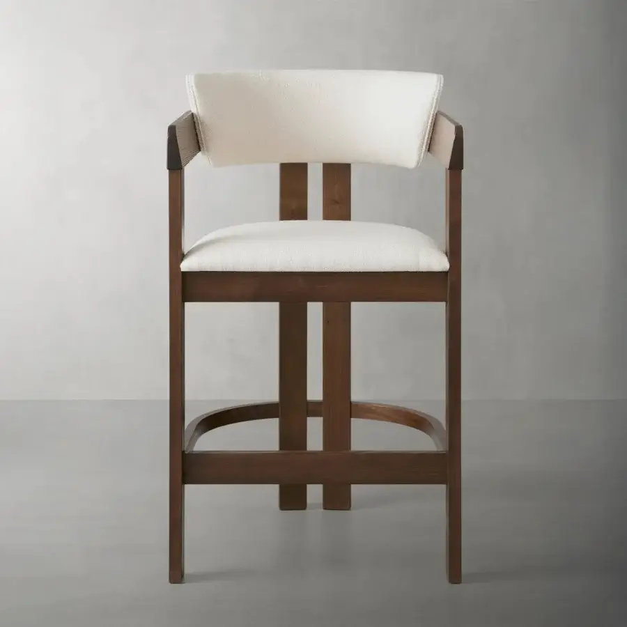 Superior Pacini & Cappellini Ines stool with light beige textile upholstery and satin medium-dark brown ash wood construction