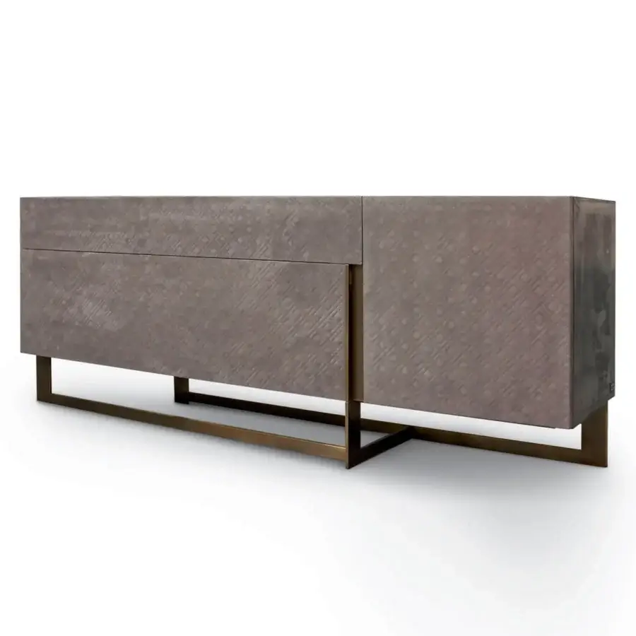Exceptional Rugiano Blade sideboard in Ebony wood with geometric pattern and bronze metal base, crafted with matelassé embroidery and lacquered finish