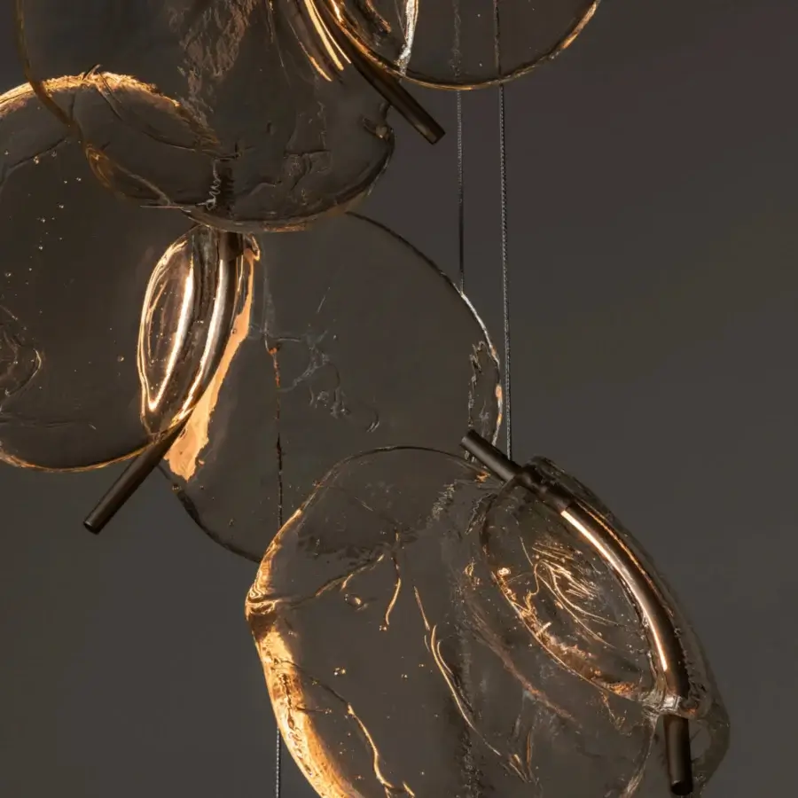 Superior Bocci 141 Random suspension lamp with translucent amber glass pendants and glossy finish