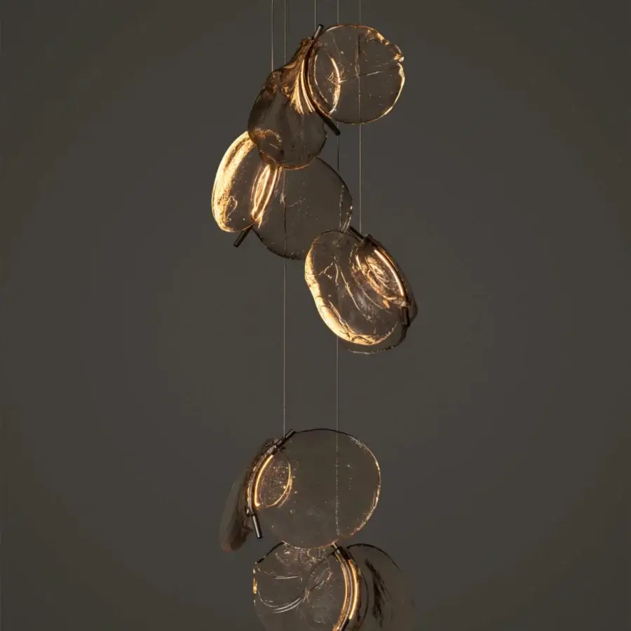 Superior Bocci 141 Random suspension lamp with hand-blown glass pendants and warm golden-amber finish crafted with a coaxial cable system