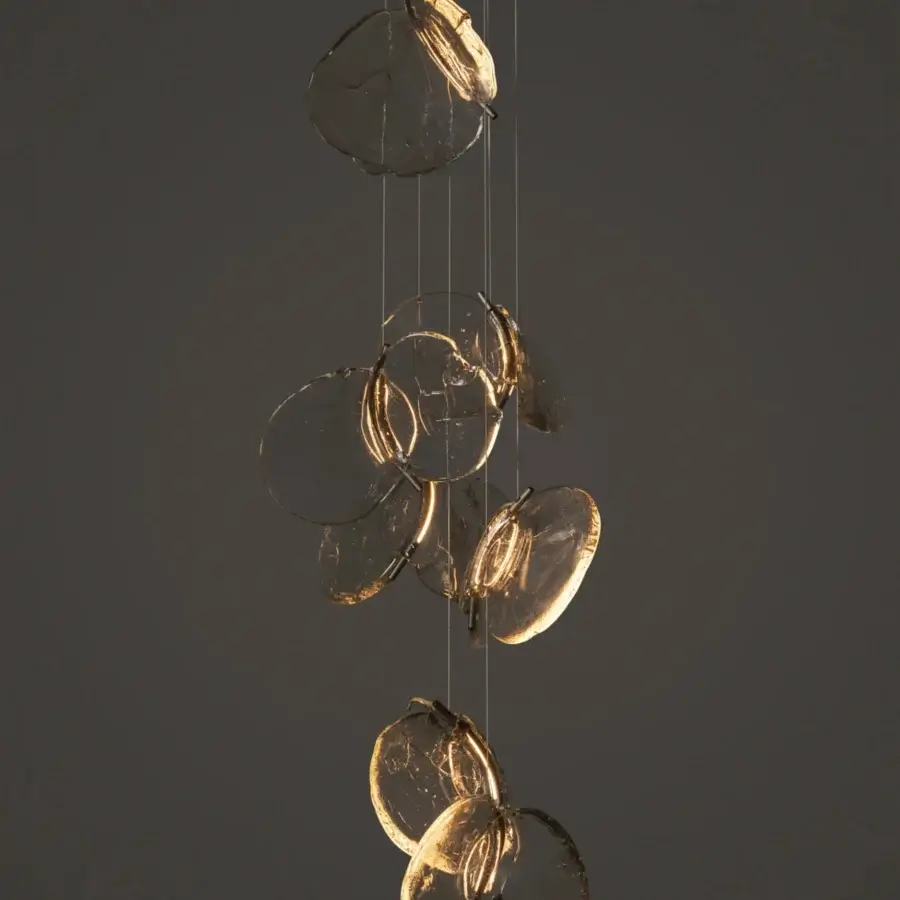 Distinguished Bocci 141 Random suspension lamp crafted in poured glass with warm golden amber inclusions and a coaxial cable system