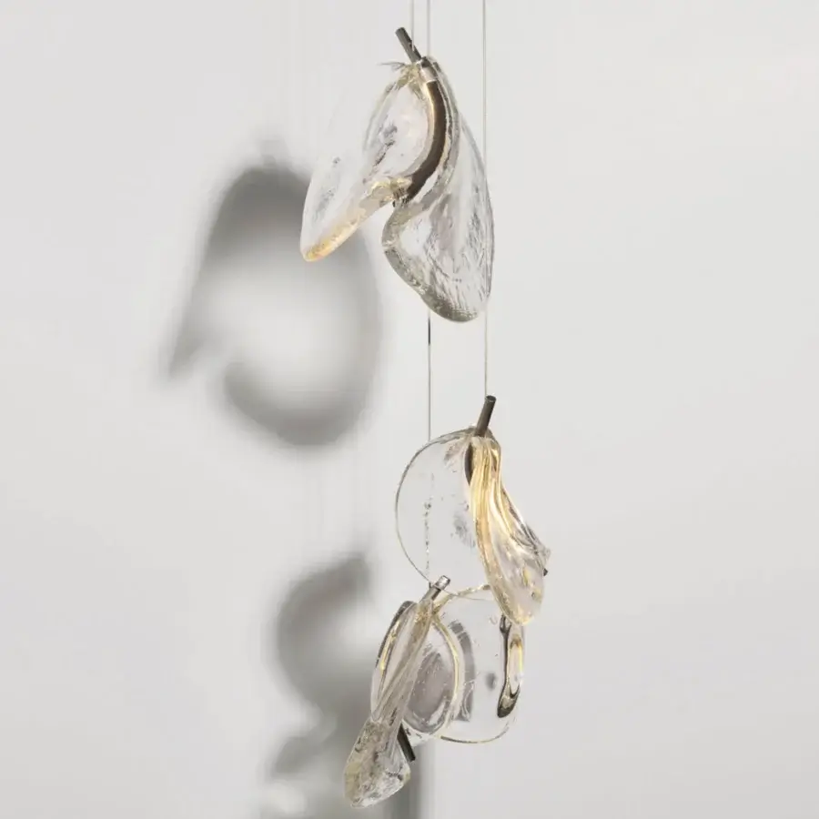 Superior Bocci 141 Random suspension lamp crafted with hand-blown glass pendants exhibiting glossy finish and gold-toned metal accents
