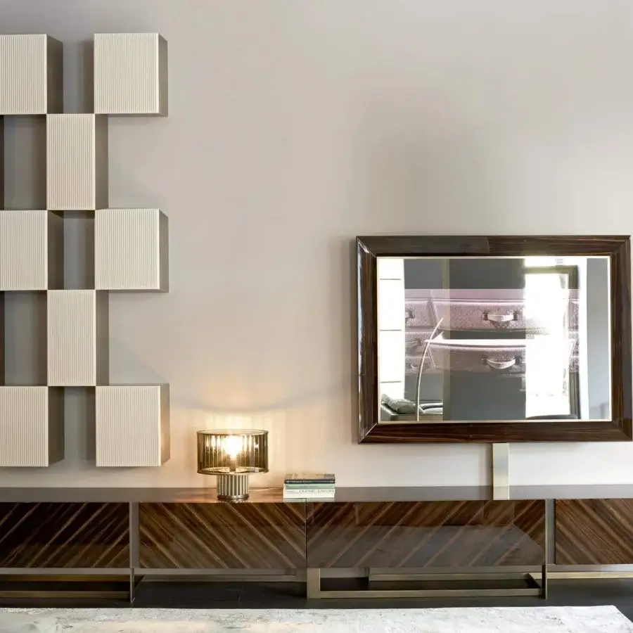 Superior Rugiano Blade TV stand with ebony wood and sleek metal base in glossy dark brown and matte finish