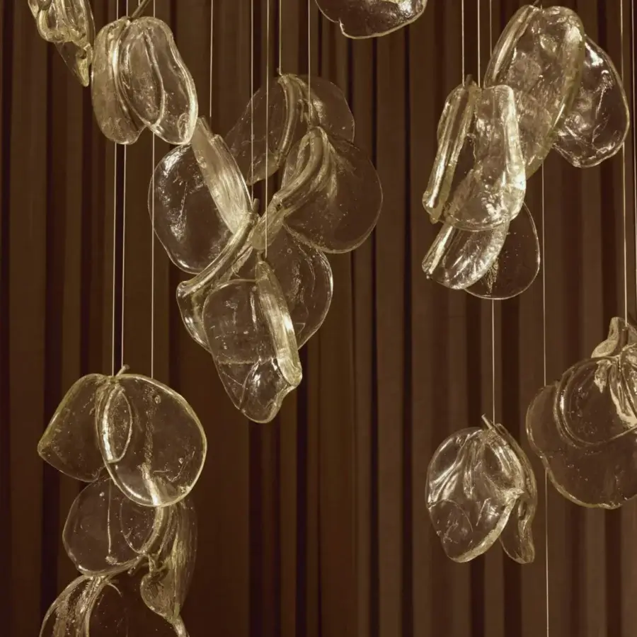 Exceptional Bocci 141 Random suspension lamp with eleven hand-blown glass pendants and white-powder coated canopy