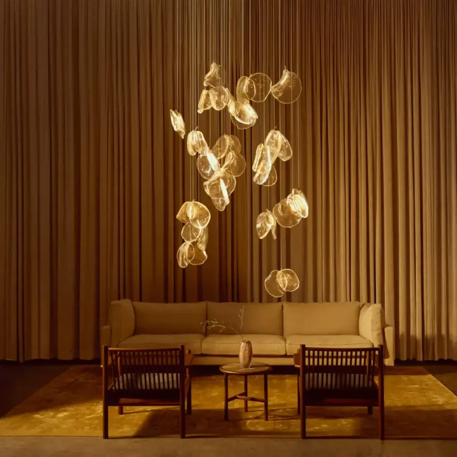 Superior Bocci 141 Random suspension lamp with interconnected poured glass elements and white-powder coated canopy