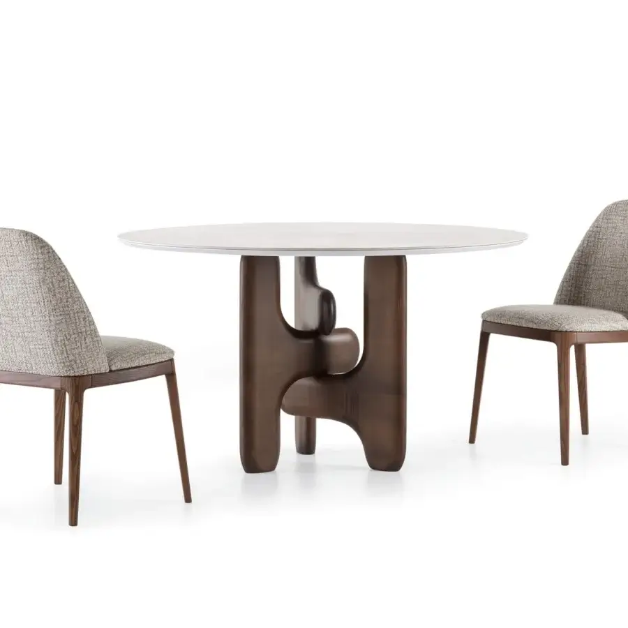 Superior Pacini & Cappellini Clifford table with a solid Canaletto walnut base and polished natural marble top in a matte finish