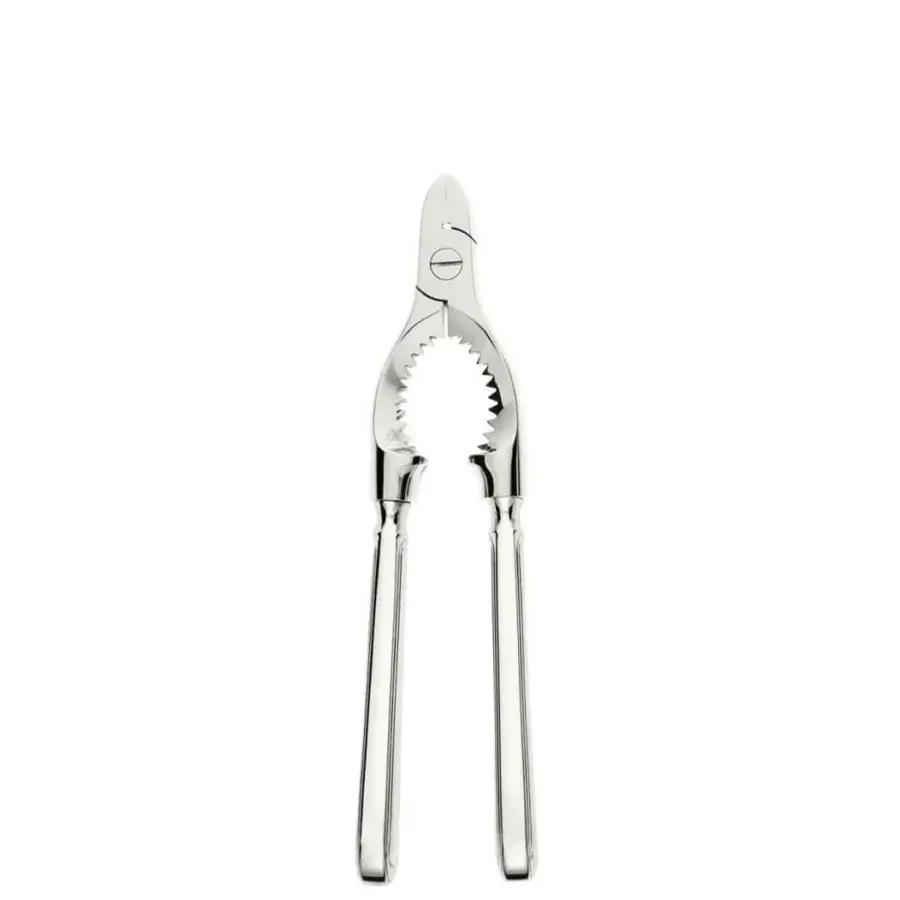 Champagne tongs, polished stainless steel, elongated curved handles with circular indentations for secure glassware grip and joint screw detail.