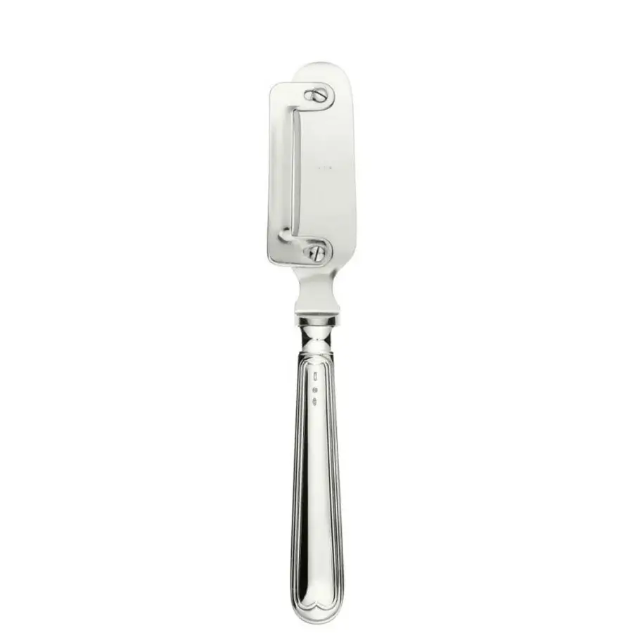 Stainless steel lemon peeler with flat blade, circular openings, and curved handle featuring vertical grooves and embossed "Zest" text.