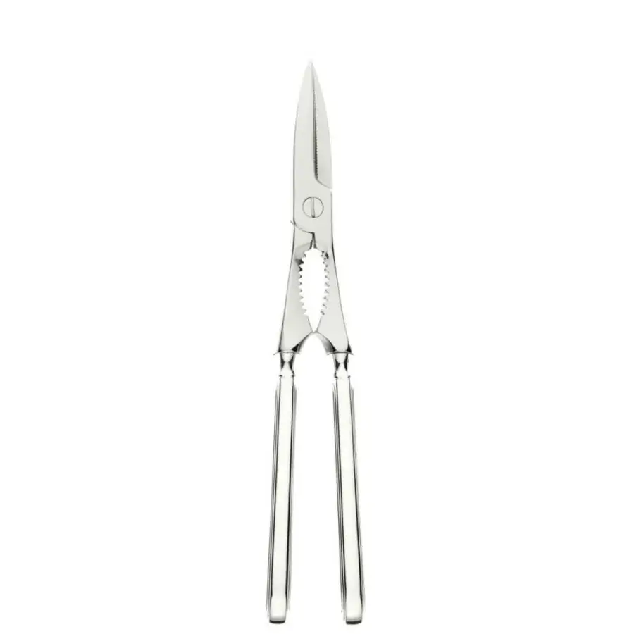 Silver lobster tongs with slender blades, textured inner arms, and ergonomic handles for cracking shells, against a white background.