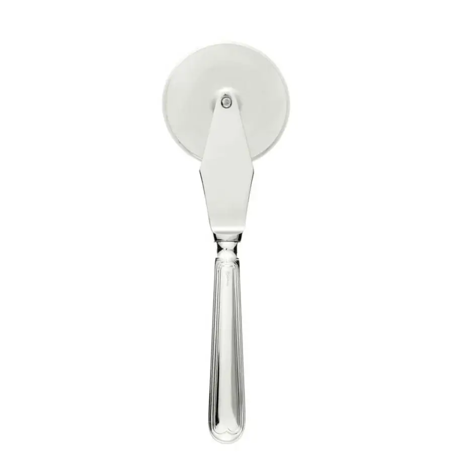 Stainless steel pizza cutter with circular blade, fluted handle, and polished reflective finish, isolated on white background.