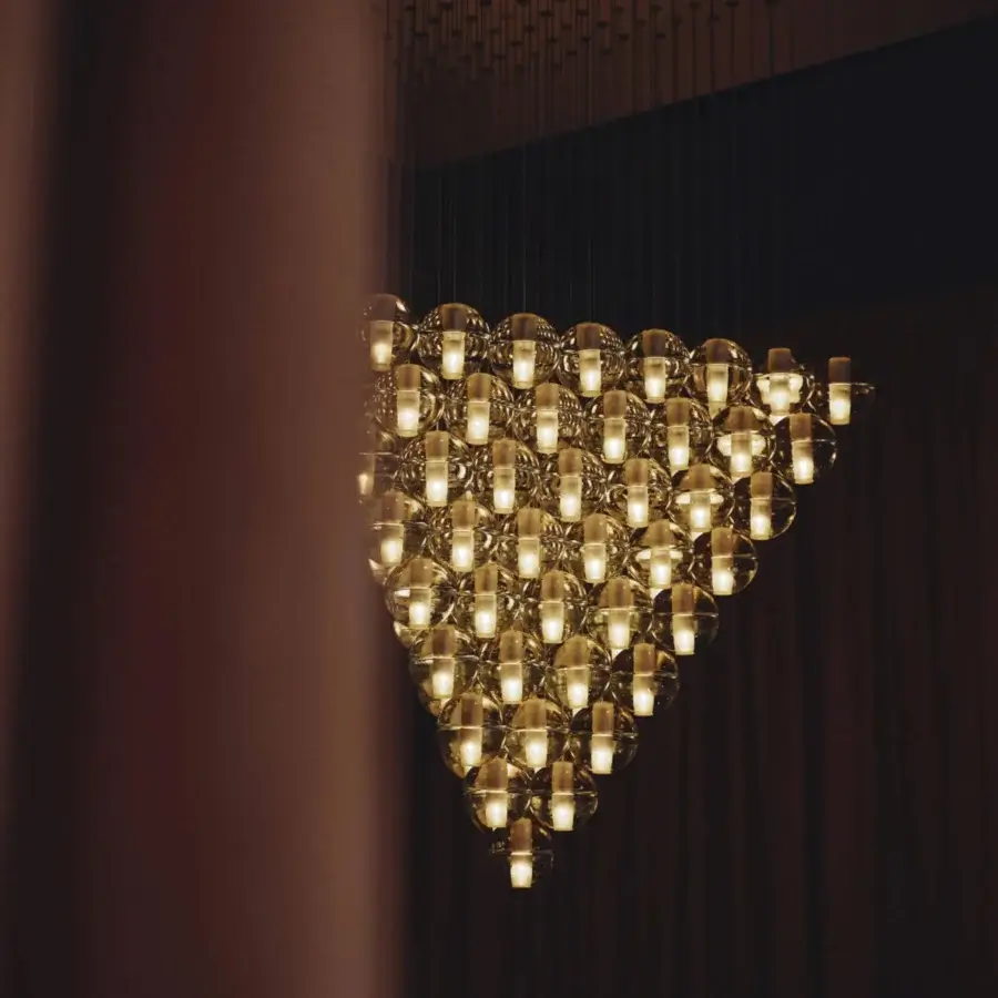 Distinguished Bocci 14 Geometric suspension lamp with cascading triangular glass pendants and dark metal rods