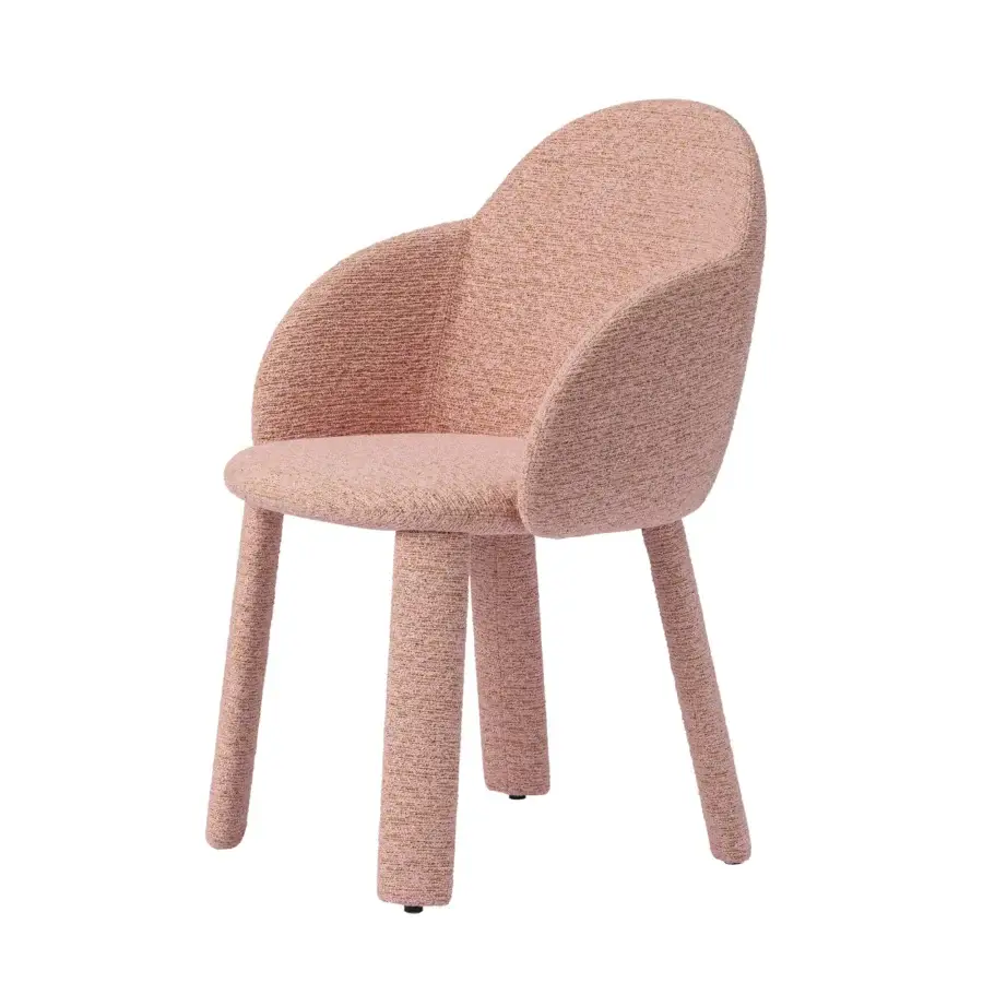 Distinguished Miniforms Iola Socks chair sculpted in expanded polyurethane with tactile pinkish-orange mottled textile upholstery