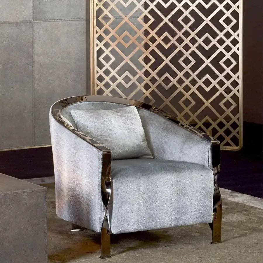 Exceptional Rugiano Paris lounge chair with light gray textured textile upholstery and sleek glossy metal structure