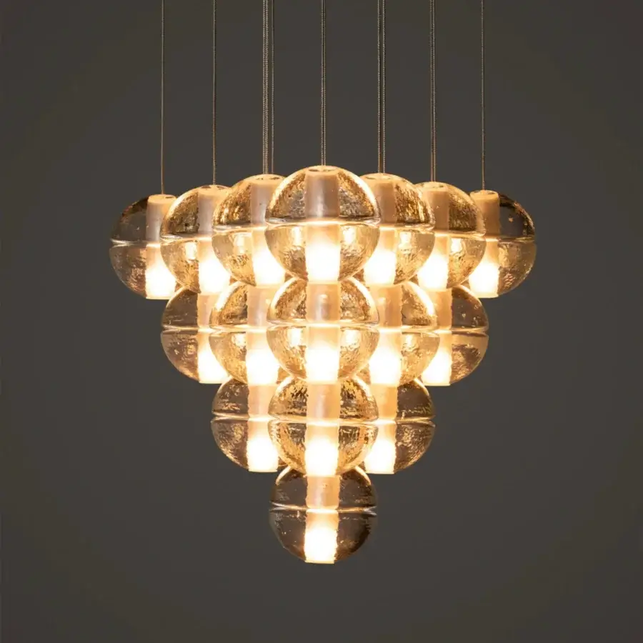 Elegant Bocci 14 Geometric suspension lamp with translucent amber hand-blown glass spheres and glossy finish
