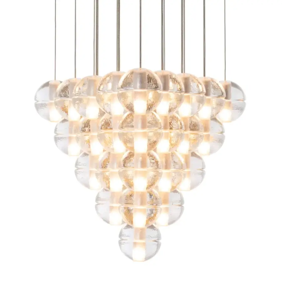 Superior Bocci 14 Geometric suspension lamp with clear glass and reflective metallic components exhibiting a glossy finish