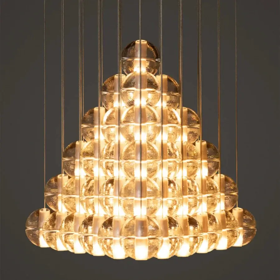 Distinguished Bocci 14 Geometric suspension lamp with textured glass in warm golden amber and coaxial cable system